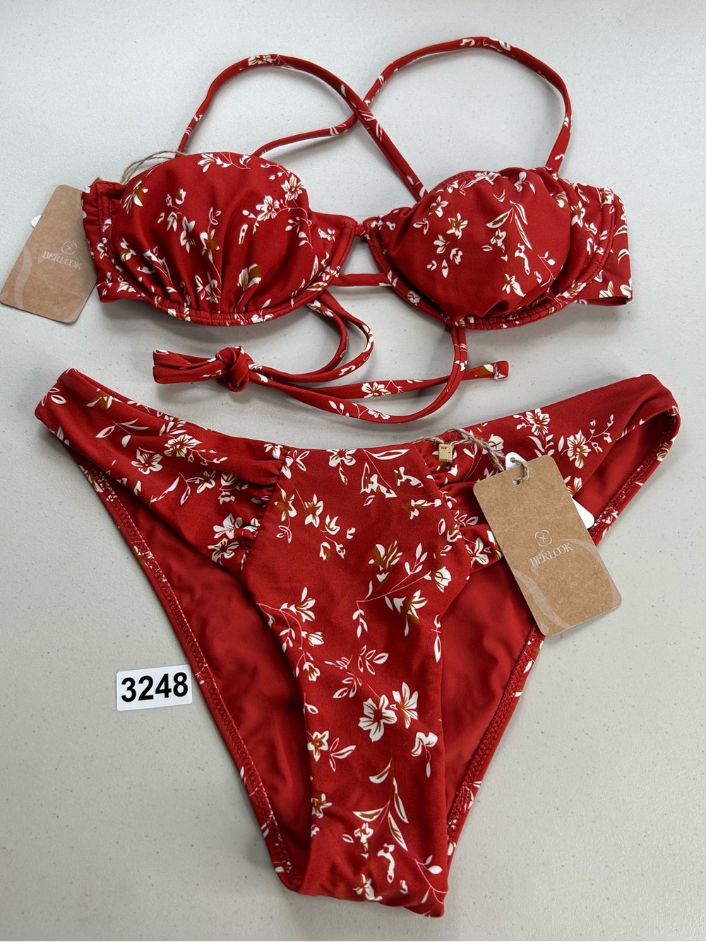 Berlook Bikini Set Medium Red Floral Print Ruched Bottom Underwire Top New